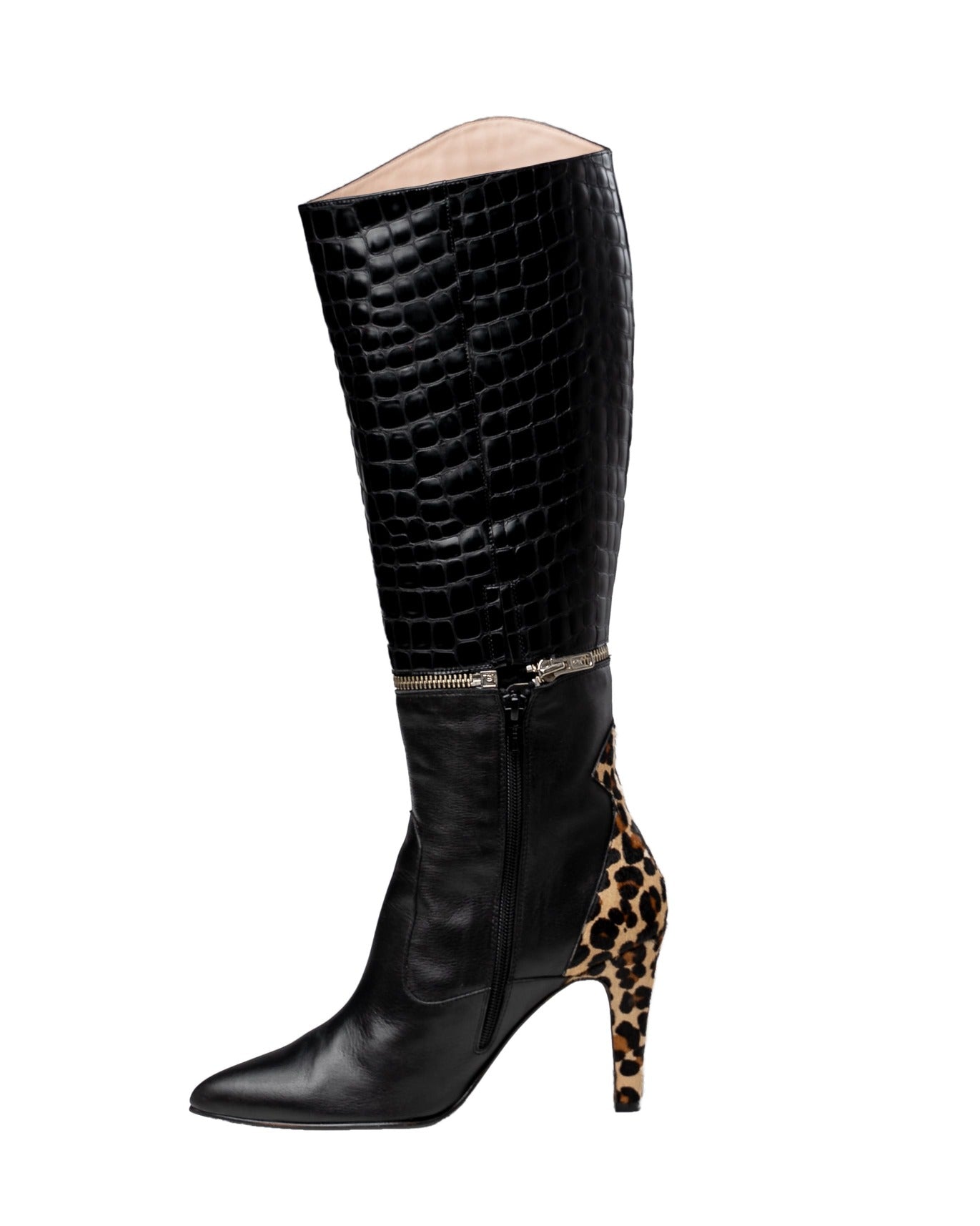 botas mujer tacon alto leopardo y coco negro